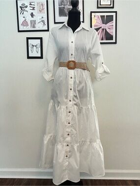 Button-Front White Maxi Shirt Dress with Woven Belt